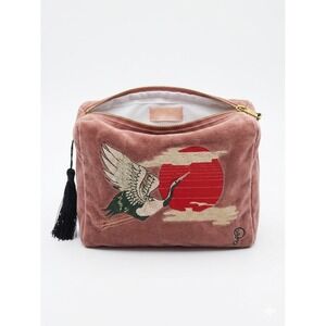 PowderDesign UK Velvet Makeup Bag Petal Mauve Embroidered Crane Rising Sun Pouch